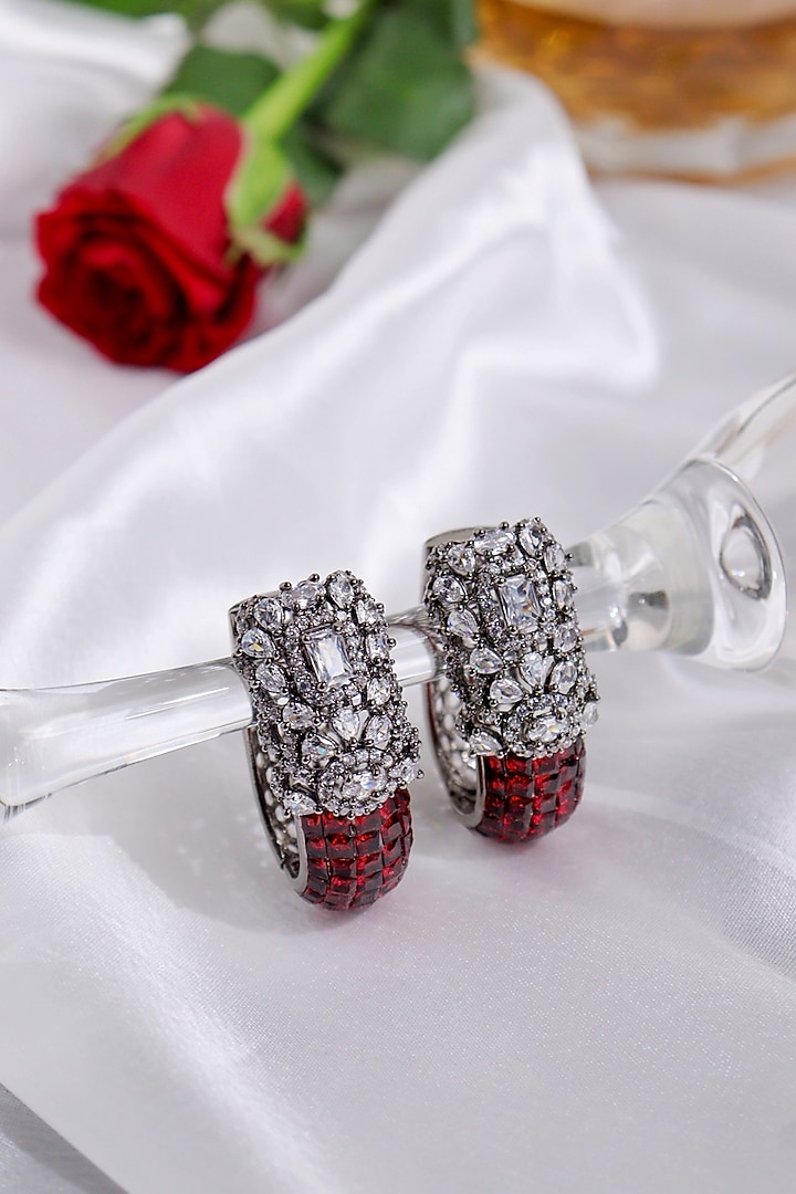 Black Rhodium Finish Cubic Zirconia & Crimson Red Stone Hoop Earrings by Curio Cottage at Pernia's Pop Up Shop