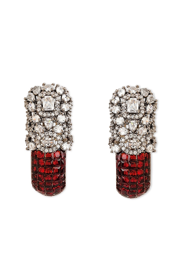 Black Rhodium Finish Cubic Zirconia & Crimson Red Stone Hoop Earrings by Curio Cottage at Pernia's Pop Up Shop