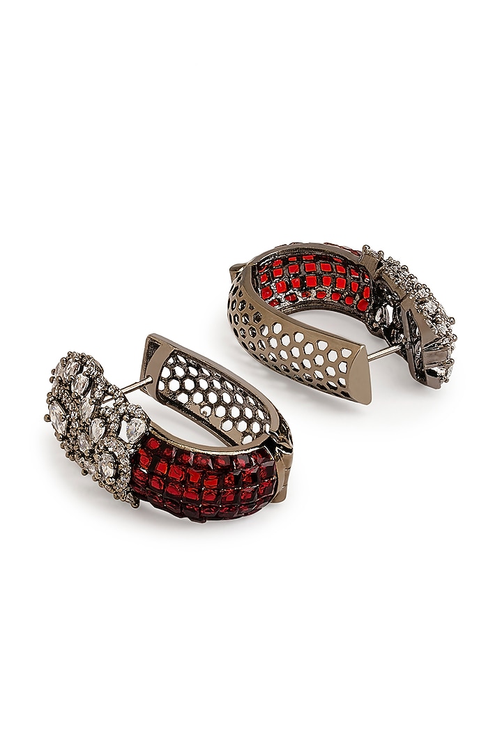 Black Rhodium Finish Cubic Zirconia & Crimson Red Stone Hoop Earrings by Curio Cottage at Pernia's Pop Up Shop