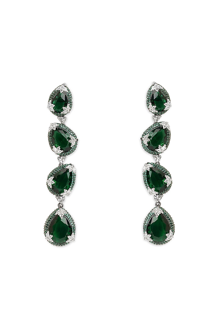 Black Rhodium Finish Emerald Green Drop & Cubic Zirconia Dangler Earrings by Curio Cottage