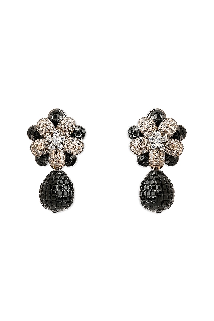 Black Rhodium Finish Cubic Zirconia Floral Dangler Earrings by Curio Cottage