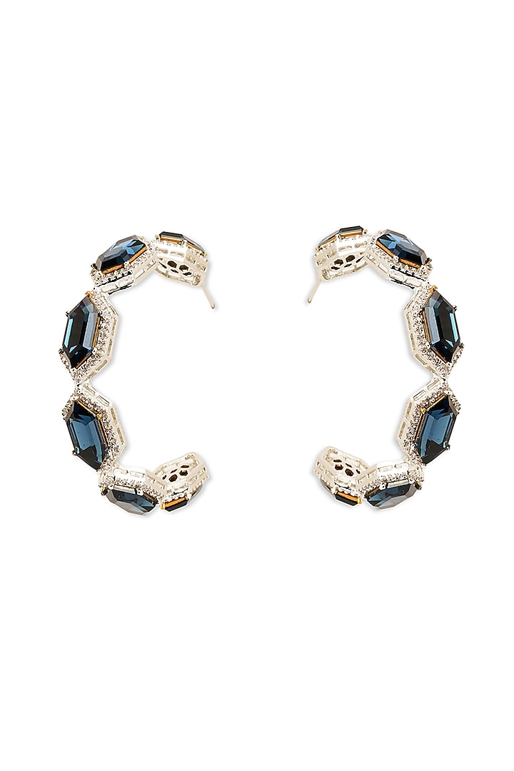 White Rhodium Finish Cubic Zirconia & Azure Blue Crystal Hoop Earrings by Curio Cottage
