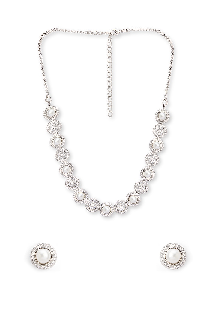 White Rhodium Finish Pearl Cubic Zirconia Necklace Set by Curio