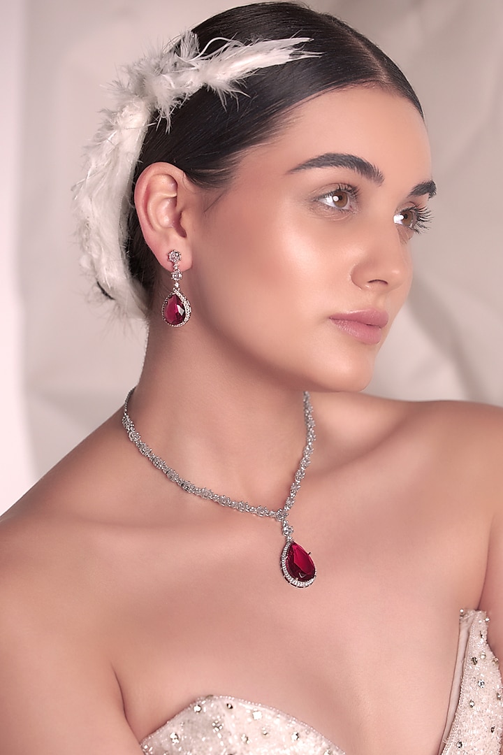 White Rhodium Finish Garnet & Cubic Zirconia Necklace Set by Curio Cottage at Pernia's Pop Up Shop