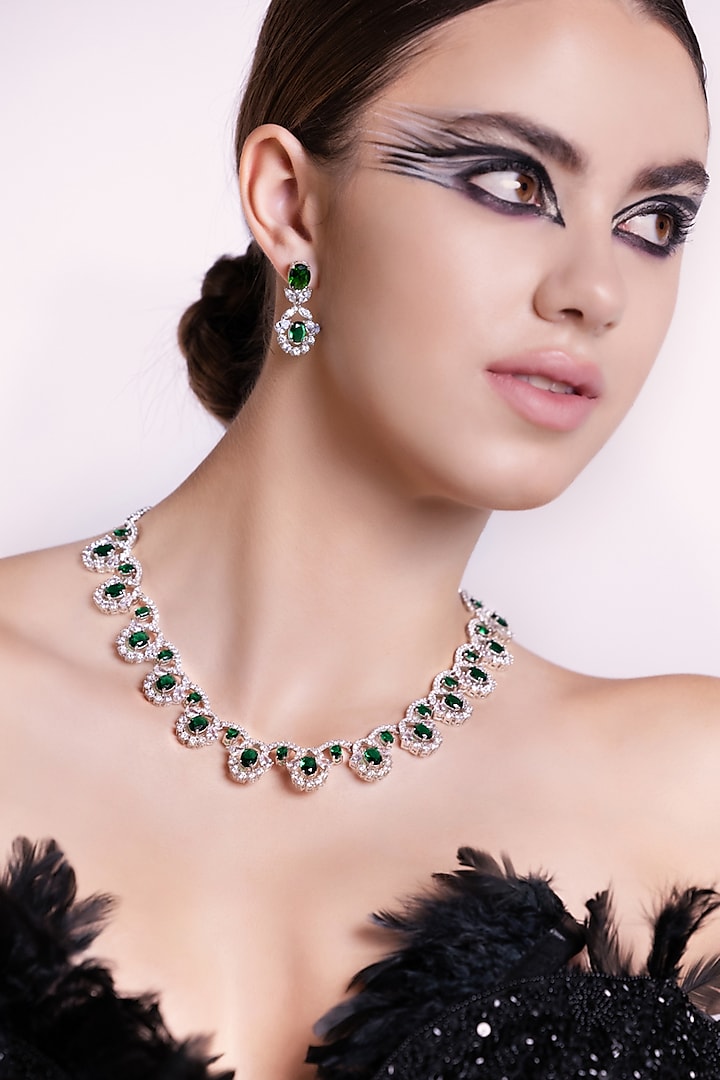White Rhodium Finish Emerald & Cubic Zirconia Necklace Set by Curio Cottage