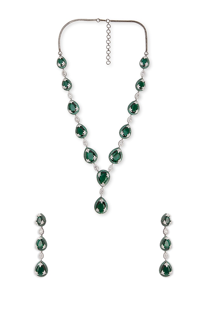 White Rhodium Finish Emerald Drop & Cubic Zirconia Necklace Set by Curio Cottage