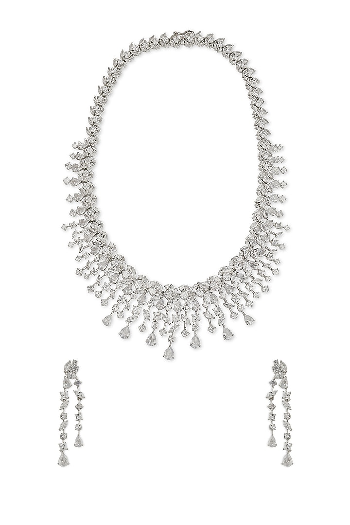 White Rhodium Finish Cubic Zirconia Necklace Set by Curio Cottage at Pernia's Pop Up Shop