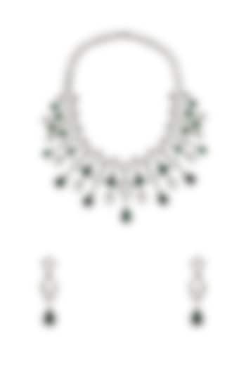 White Rhodium Finish Emerald Stone & Cubic Zirconia Necklace Set by Curio Cottage