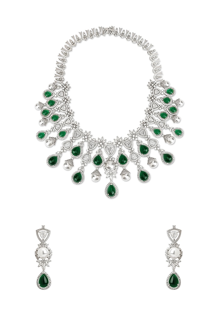 White Rhodium Finish Emerald Stone & Cubic Zirconia Necklace Set by Curio Cottage