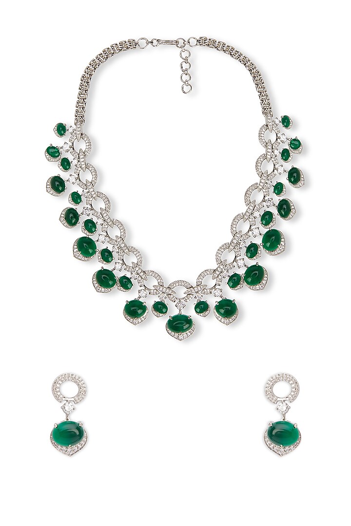 White Rhodium Finish Emerald Drop & Cubic Zirconia Necklace Set by Curio Cottage
