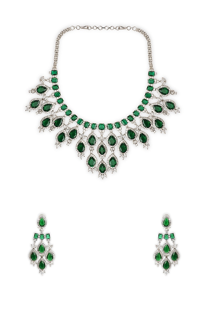 White Rhodium Finish Green Cubic Zirconia Necklace Set by Curio Cottage