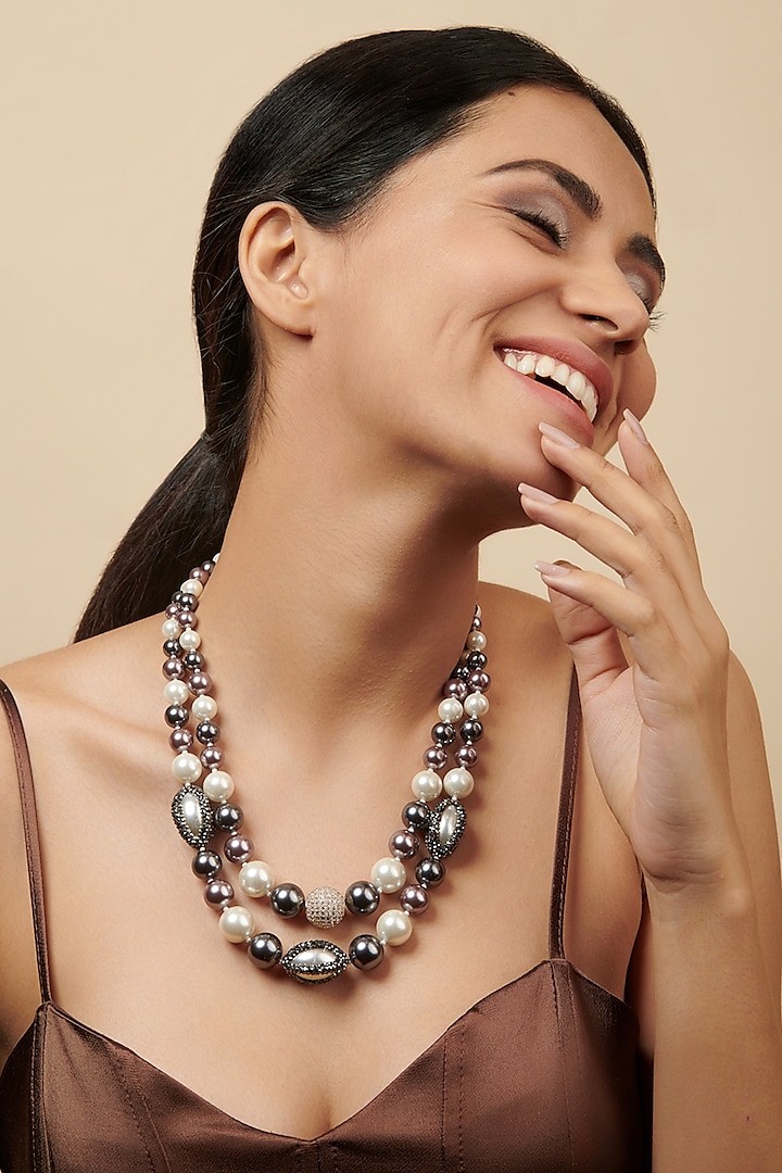 Rhodium Finish Layered Pearl Necklace by Curio Cottage