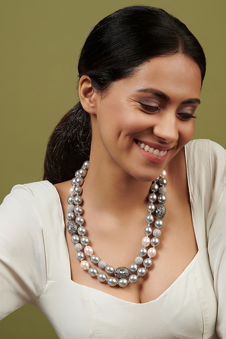 Rhodium Finish Double Layered Pearl Necklace by Curio Cottage