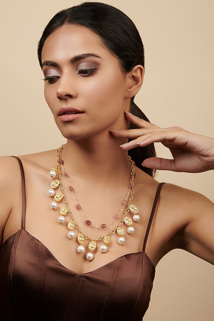 Gold Plated Layered Crystalline Stone Necklace by Curio Cottage at Pernia's Pop Up Shop