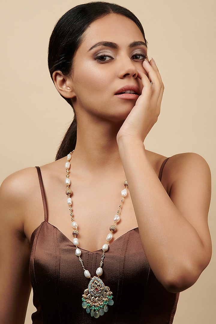 Gold Plated Baroque Pearl & Hydro Quartz Necklace by Curio Cottage
