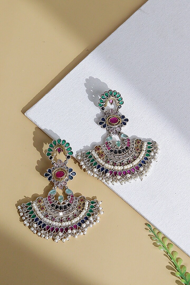 Oxidised Silver Finish Floral Motifs & Semi-Precious Stone Chandbali Earrings by Curio Cottage at Pernia's Pop Up Shop
