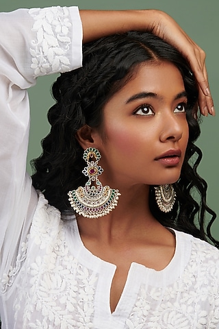 Oxidised Silver Finish Floral Motifs & Semi-Precious Stone Chandbali Earrings by Curio Cottage