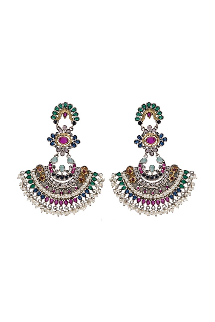 Oxidised Silver Finish Floral Motifs & Semi-Precious Stone Chandbali Earrings by Curio Cottage at Pernia's Pop Up Shop
