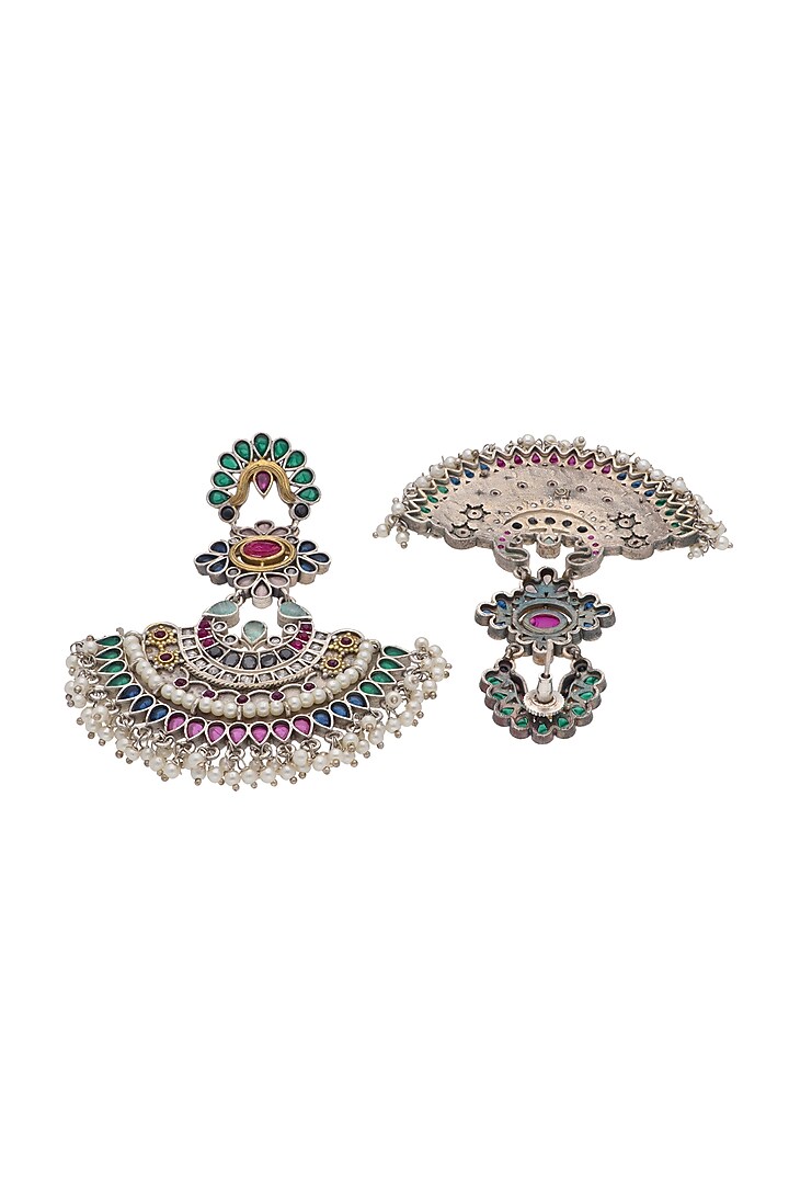 Oxidised Silver Finish Floral Motifs & Semi-Precious Stone Chandbali Earrings by Curio Cottage at Pernia's Pop Up Shop