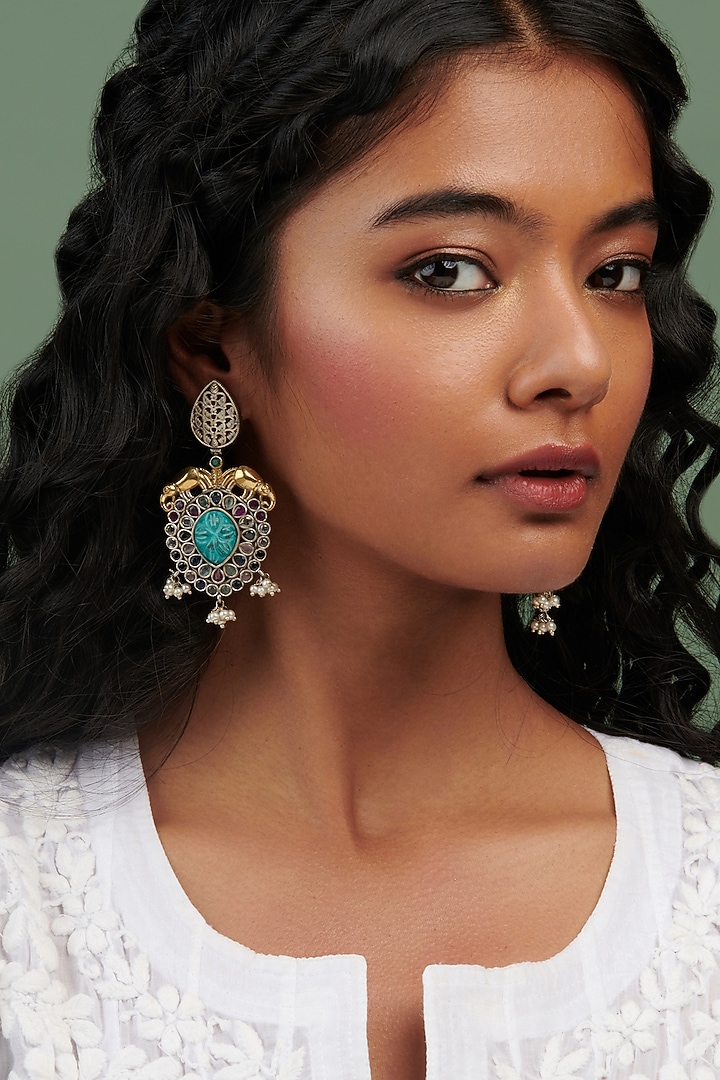 Oxidised Silver Finish Drops & Turquoise Semi-Precious Stone Dangler Earrings by Curio Cottage at Pernia's Pop Up Shop