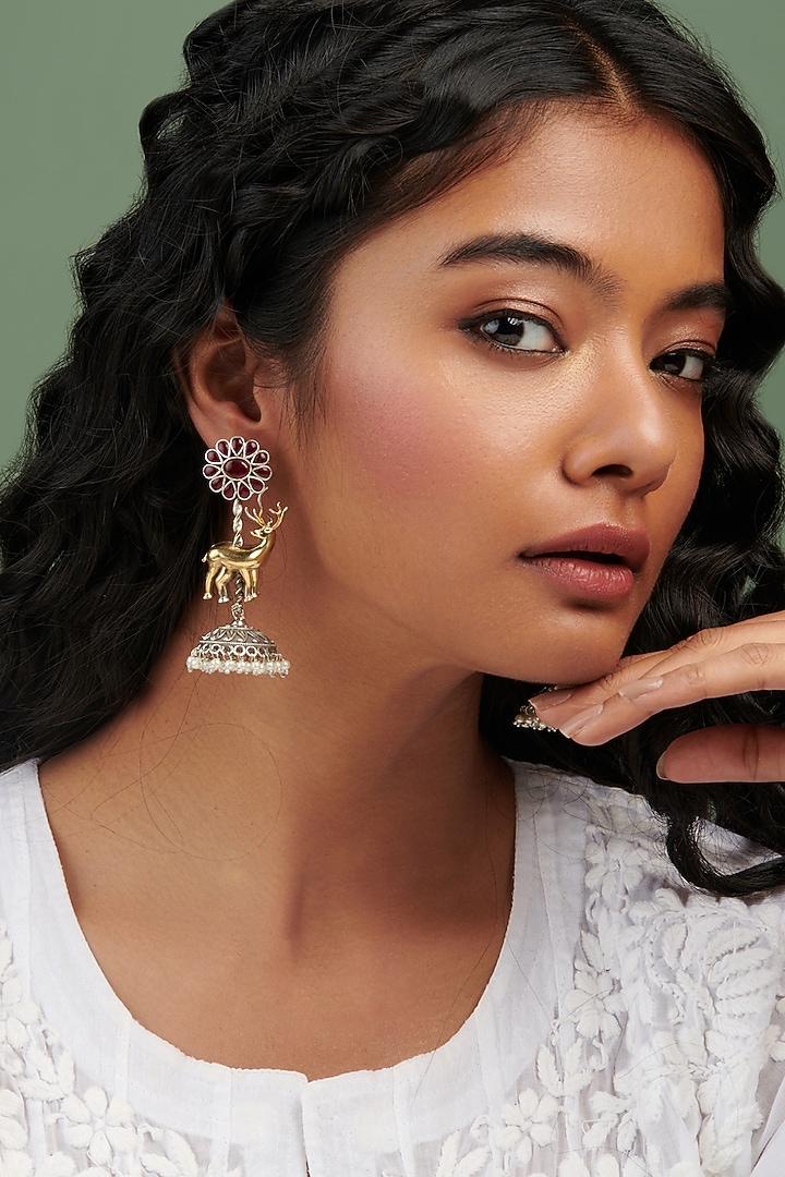 Oxidised Gold Finish Antler Motif Statement Jhumka Earrings by Curio Cottage at Pernia's Pop Up Shop