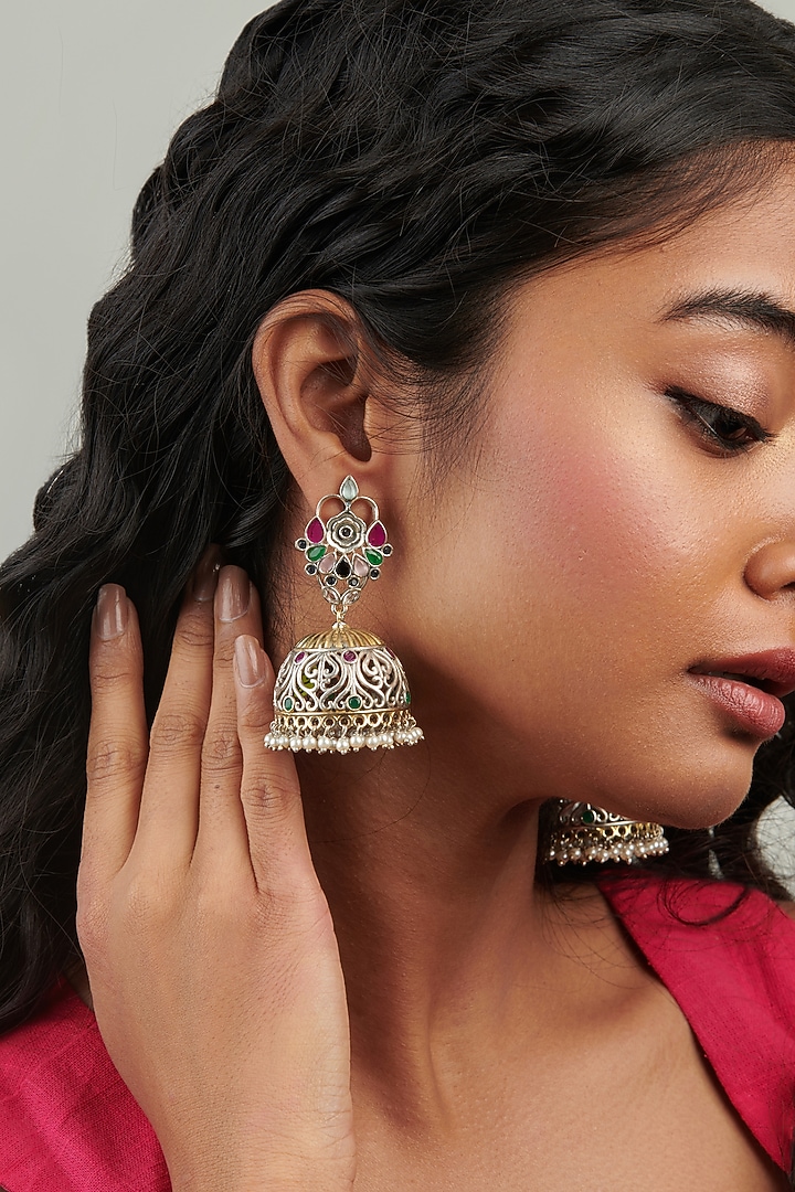 Two-Tone Finish Pink Semi-Precious Stone Jhumka Earrings by Curio Cottage at Pernia's Pop Up Shop