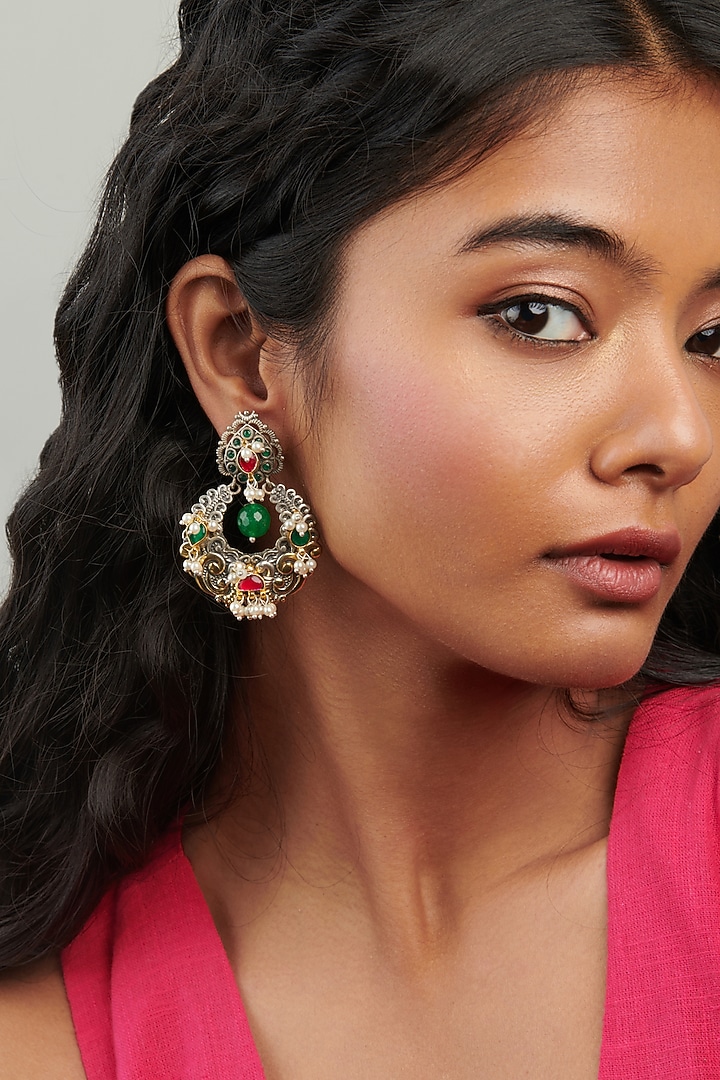 Two-Tone Finish Green Semi-Precious Stone Chandbali Earrings by Curio Cottage at Pernia's Pop Up Shop
