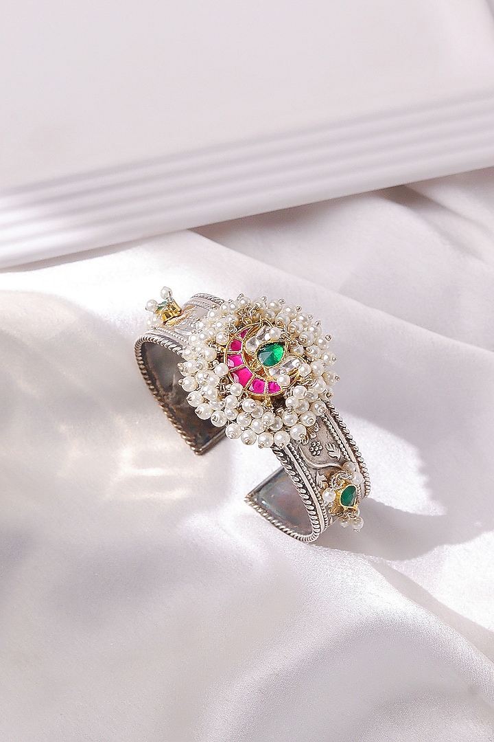 Two-Tone Finish Pearls & Semi-Precious Stone Cuff by Curio Cottage at Pernia's Pop Up Shop