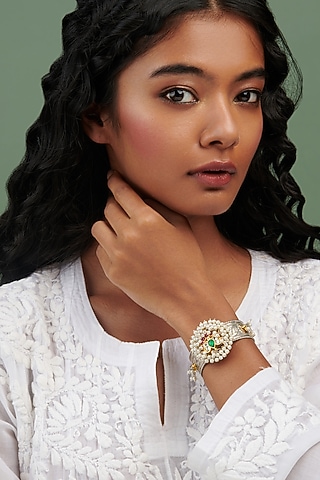 Two-Tone Finish Pearls & Semi-Precious Stone Cuff by Curio Cottage