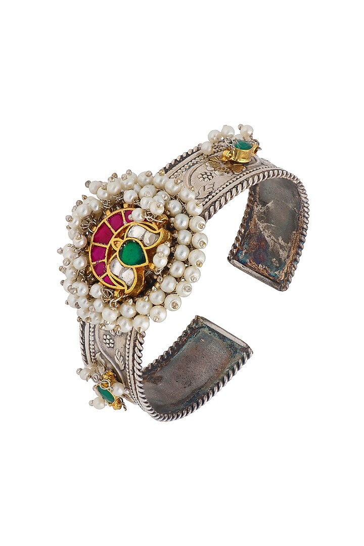 Two-Tone Finish Pearls & Semi-Precious Stone Cuff by Curio Cottage at Pernia's Pop Up Shop