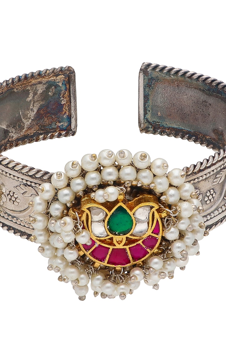 Two-Tone Finish Pearls & Semi-Precious Stone Cuff by Curio Cottage at Pernia's Pop Up Shop