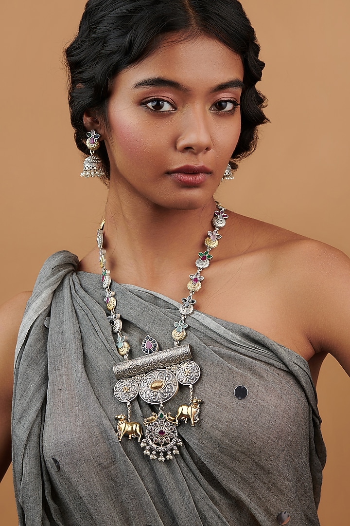 Two-Tone Finish Nandi Bull Beaded Temple Long Necklace Set by Curio Cottage at Pernia's Pop Up Shop
