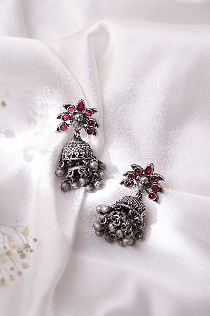 Silver Finish Pink Semi-Precious Stone Jhumka Earrings by Curio Cottage at Pernia's Pop Up Shop