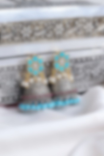 Two-Tone Finish Turquoise Stone Jhumka Earrings by Curio Cottage at Pernia's Pop Up Shop