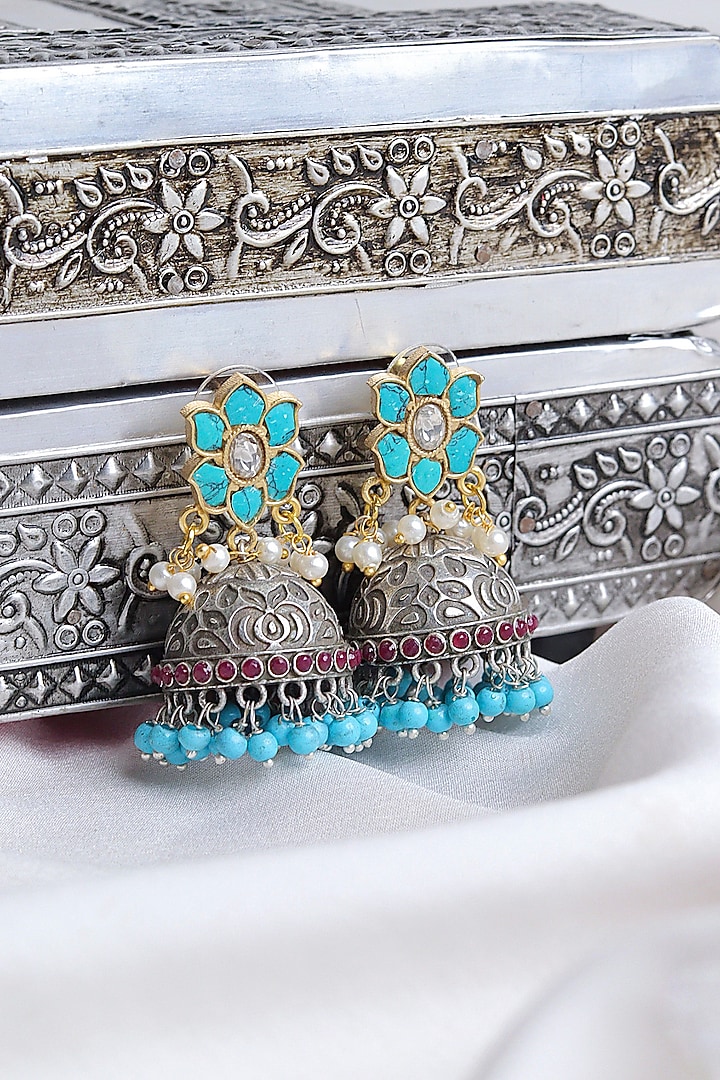 Two-Tone Finish Turquoise Stone Jhumka Earrings by Curio Cottage at Pernia's Pop Up Shop