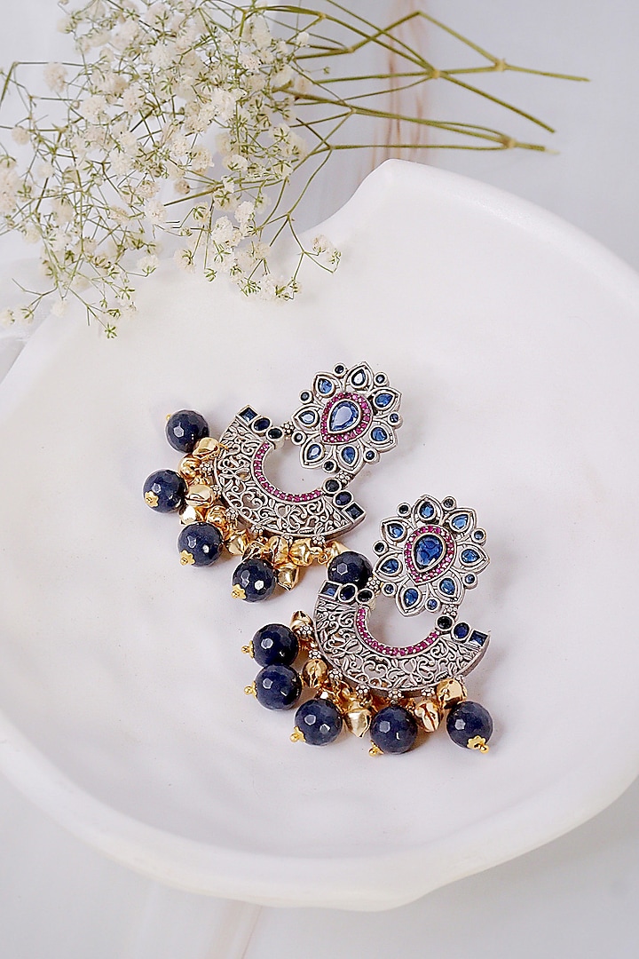 Two-Tone Finish Blue Ghungroos Chandbali Earrings by Curio Cottage at Pernia's Pop Up Shop