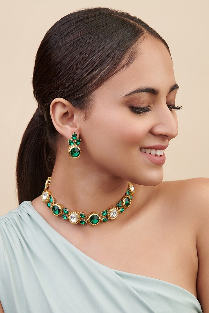 Gold Finish Green Crystal Choker Necklace Set by Curio Cottage at Pernia's Pop Up Shop