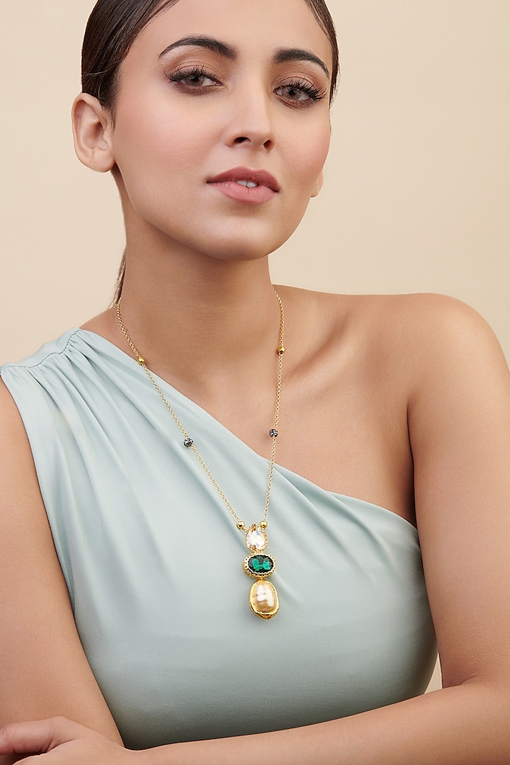 Gold Plated Baroque Pearl & Green Crystal Long Necklace by Curio Cottage