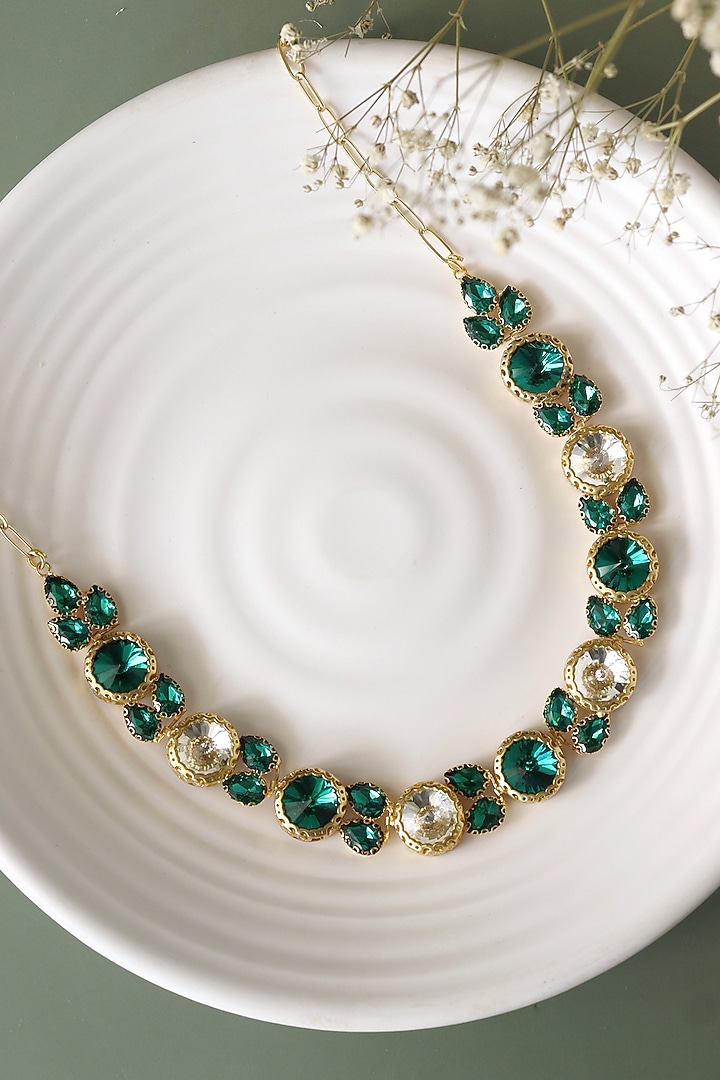 Gold Finish Green & White Crystal Choker Necklace by Curio Cottage at Pernia's Pop Up Shop