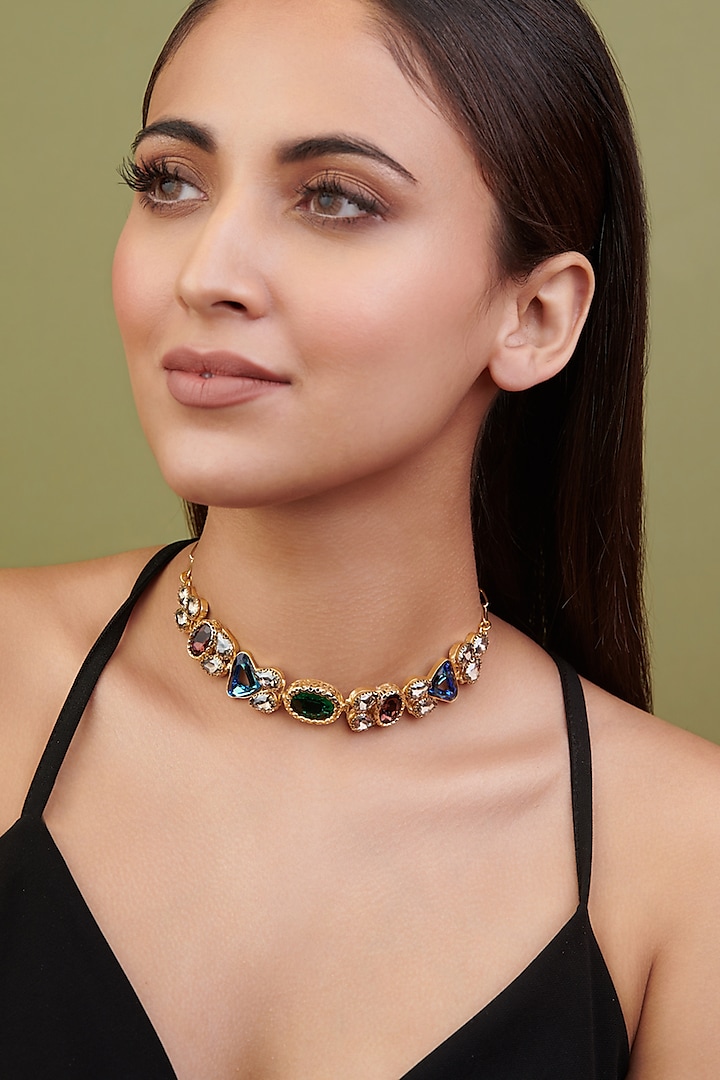 Gold Finish Multi-Colored Crystal Choker Necklace by Curio Cottage