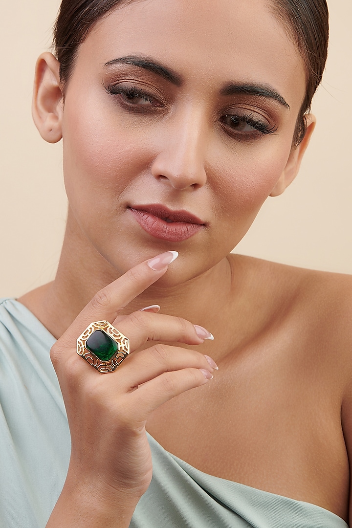 Gold Plated Green Stone Handcrafted Ring by Curio Cottage