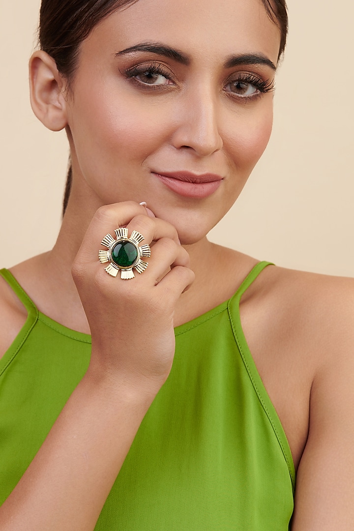 Gold Plated Green Stone Handcrafted Ring by Curio Cottage