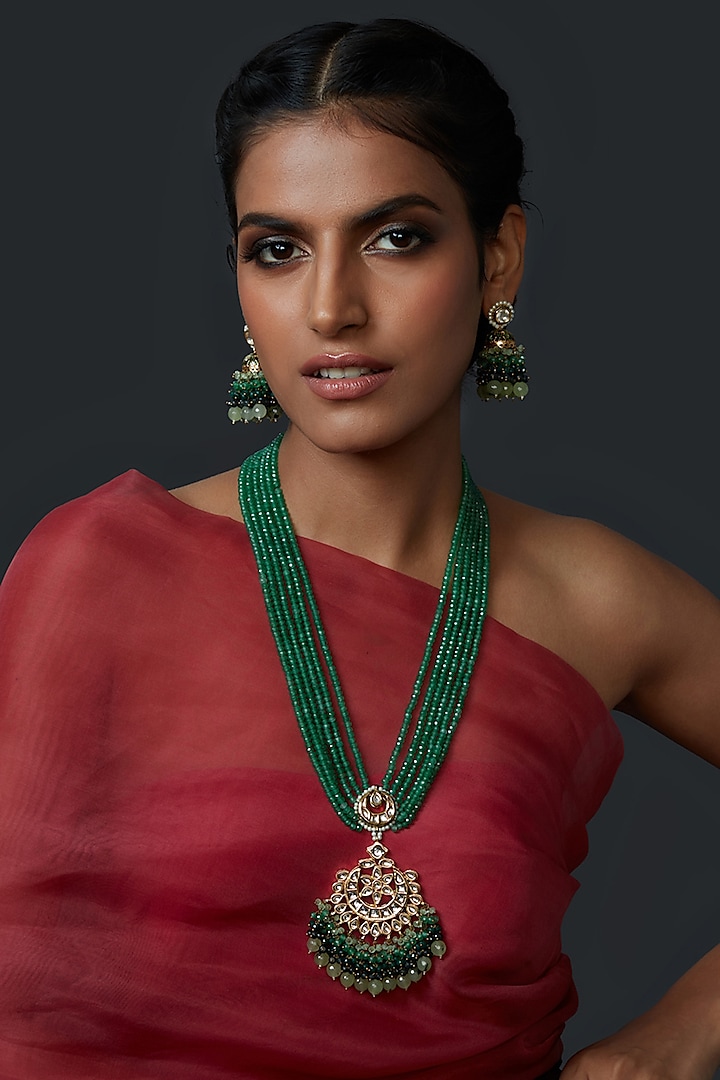 Gold Finish Handcrafted Pearl & Kundan Polki Necklace Set by Curio Cottage at Pernia's Pop Up Shop