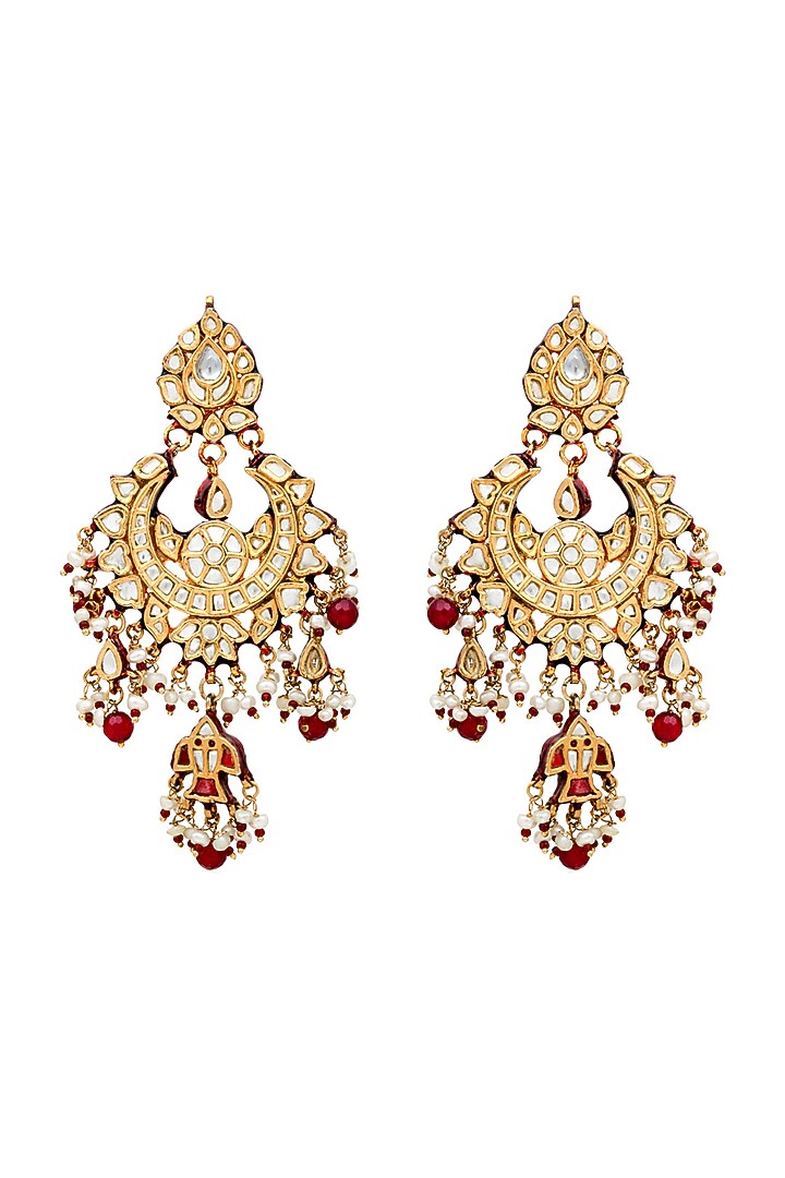 Gold Finish Handcrafted Earrings With Kundan Polki by Curio Cottage at Pernia's Pop Up Shop