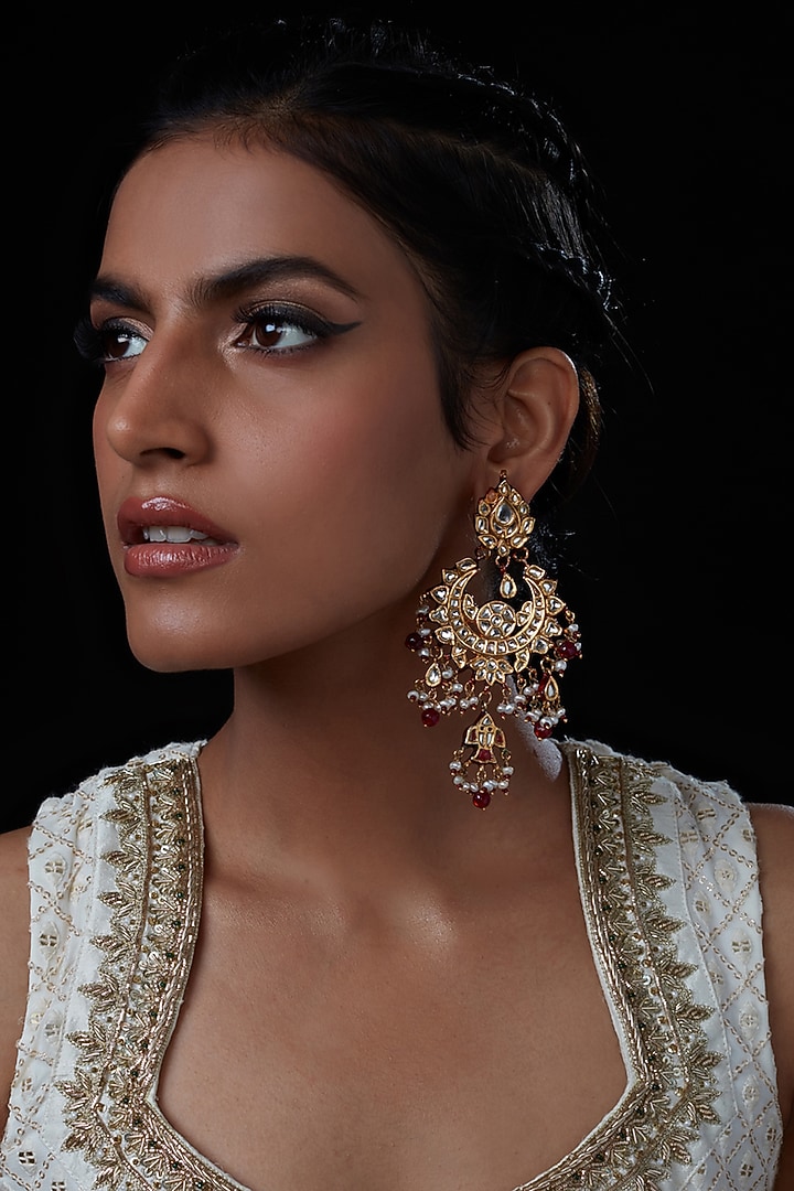 Gold Finish Handcrafted Earrings With Kundan Polki by Curio Cottage at Pernia's Pop Up Shop