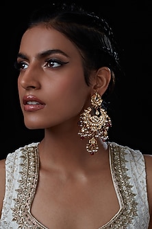 Gold Finish Handcrafted Earrings With Kundan Polki by Curio Cottage-JEWELLERY AS GIFTS