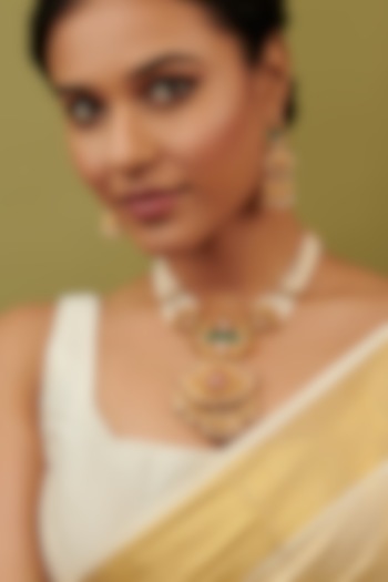 Gold Plated Kundan Polki & Pearl Temple Necklace Set by Curio Cottage at Pernia's Pop Up Shop