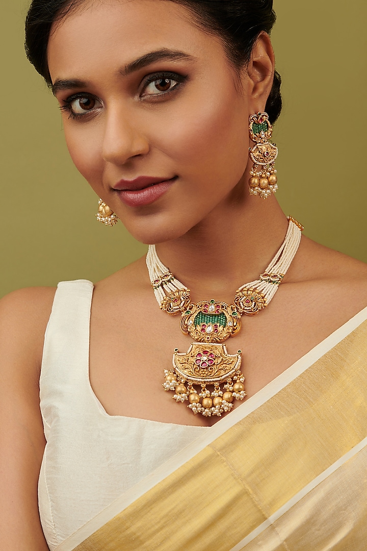 Gold Plated Kundan Polki & Pearl Temple Necklace Set by Curio Cottage at Pernia's Pop Up Shop