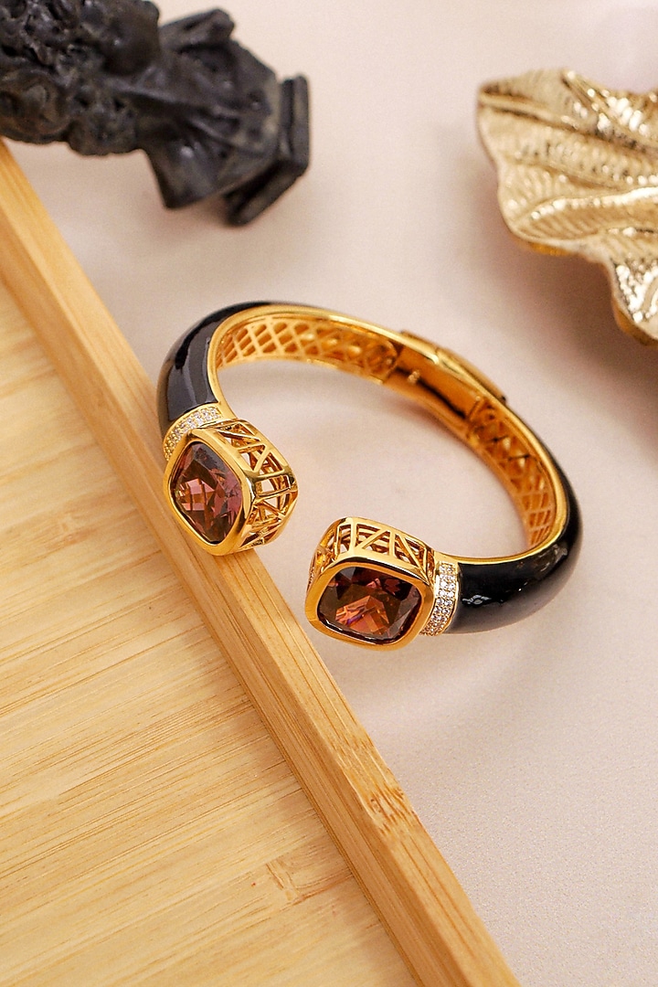 Gold Finish Black Enameled Cubic Zirconia Kada by Curio Cottage at Pernia's Pop Up Shop