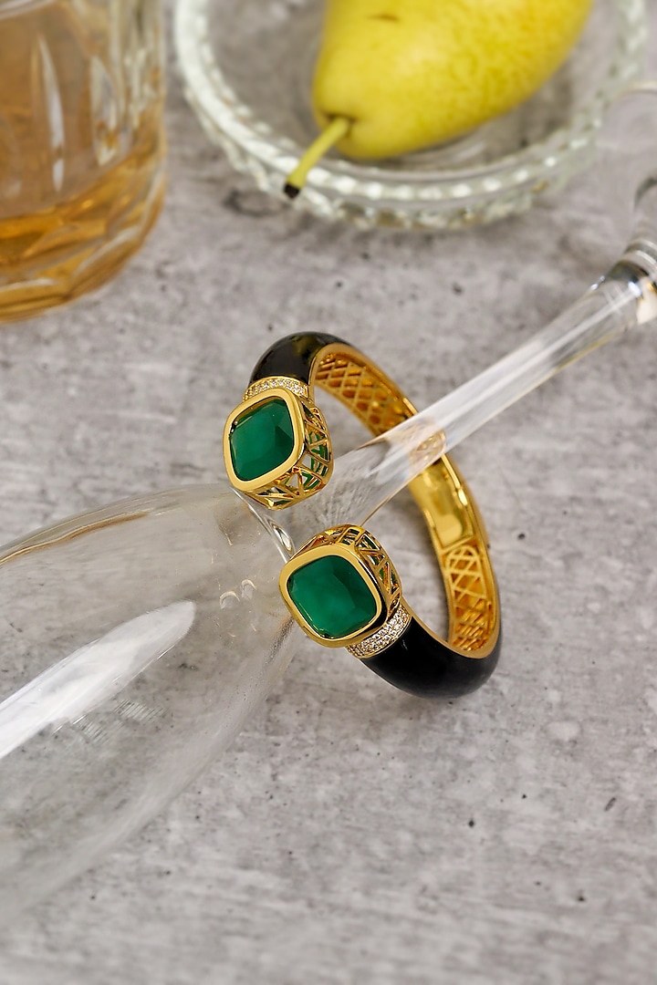 Gold Finish Black Enameled Cubic Zirconia Kada by Curio Cottage at Pernia's Pop Up Shop